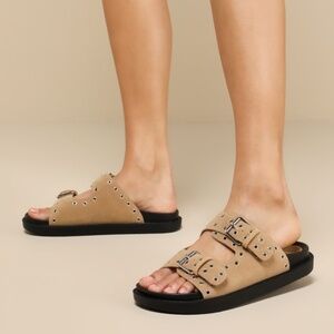 Lulus Maguire Sand Suede Buckled Slide Sandals Beige - Size 7